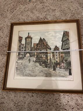 Vintage German hand-colored etching titled "Plönlein, Rothenburg"